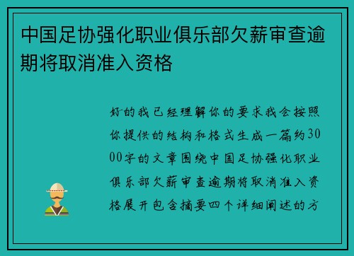 中国足协强化职业俱乐部欠薪审查逾期将取消准入资格 中国足协强化职业俱乐部欠薪审查逾期将取消准入资格