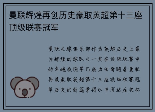 曼联辉煌再创历史豪取英超第十三座顶级联赛冠军